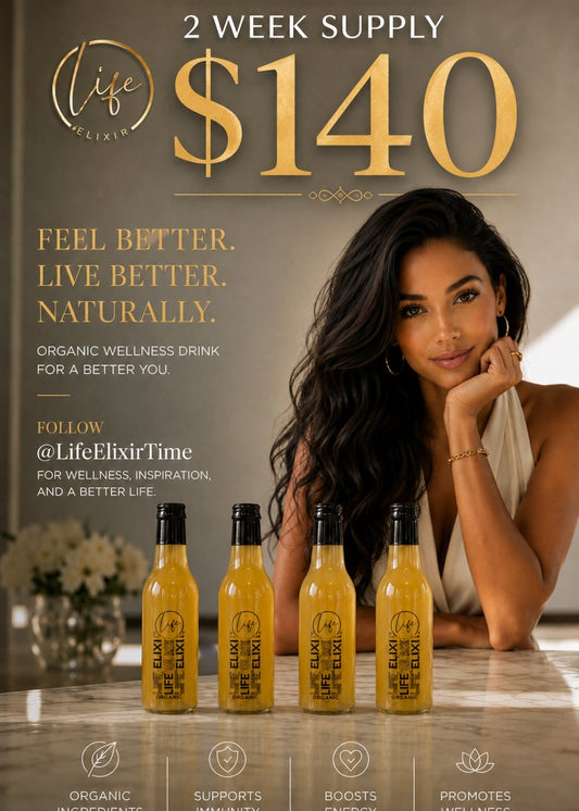 A promotional ad banner for Life Elixir Organic Wellness Drink, showing a woman on the right and four bottles of the golden-yellow drink on a table on the left. The text highlights a 2-week supply for $140.
